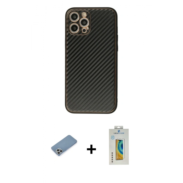 MARSİLYAN™- iPhone 12 Pro Kılıf Ahenk Işık - Siyah Polymer Nano Ekran Koruyucu + Shine Kamera Lens Koruma Cam - GS