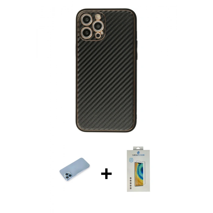 MARSİLYAN™- iPhone 12 Pro Kılıf Ahenk Işık - Siyah Polymer Nano Ekran Koruyucu + Shine Kamera Lens Koruma Cam - MI