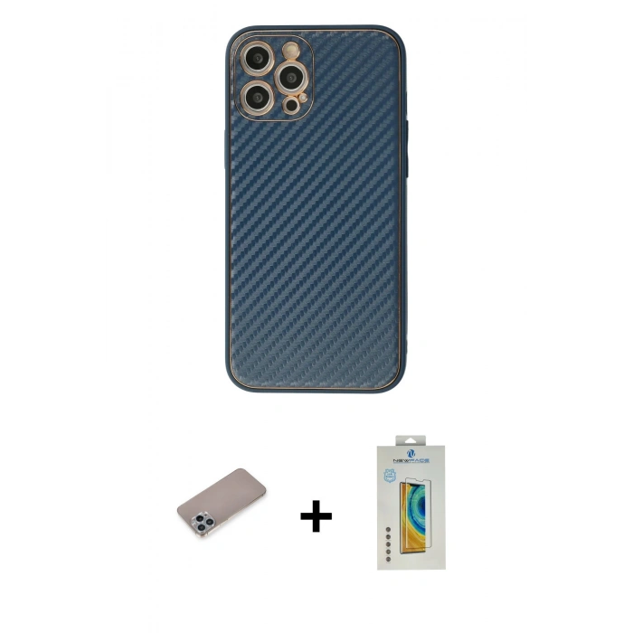 MARSİLYAN™- iPhone 12 Pro Kılıf Ahenk Işık - Siyah Polymer Nano Ekran Koruyucu + Shine Kamera Lens Koruma Cam - SABE