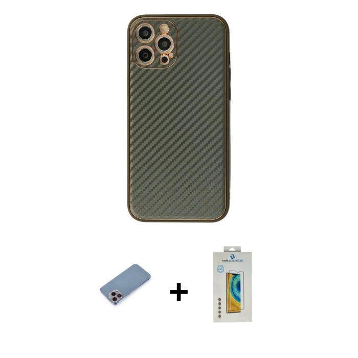 MARSİLYAN™- iPhone 12 Pro Kılıf Ahenk Işık - Siyah Polymer Nano Ekran Koruyucu + Shine Kamera Lens Koruma Cam - PE