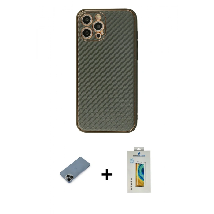 MARSİLYAN™- iPhone 12 Pro Kılıf Ahenk Işık - Siyah Polymer Nano Ekran Koruyucu + Shine Kamera Lens Koruma Cam - SH