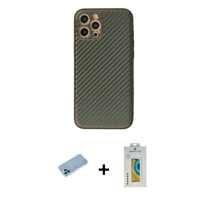 MARSİLYAN™- iPhone 12 Pro Kılıf Ahenk Işık - Siyah Polymer Nano Ekran Koruyucu + Shine Kamera Lens Koruma Cam - MI
