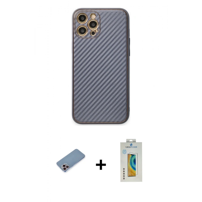MARSİLYAN™- iPhone 12 Pro Kılıf Ahenk Işık - Siyah Polymer Nano Ekran Koruyucu + Shine Kamera Lens Koruma Cam - PE