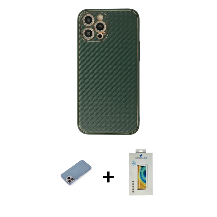 MARSİLYAN™- iPhone 12 Pro Kılıf Ahenk Işık - Siyah Polymer Nano Ekran Koruyucu + Shine Kamera Lens Koruma Cam - PE
