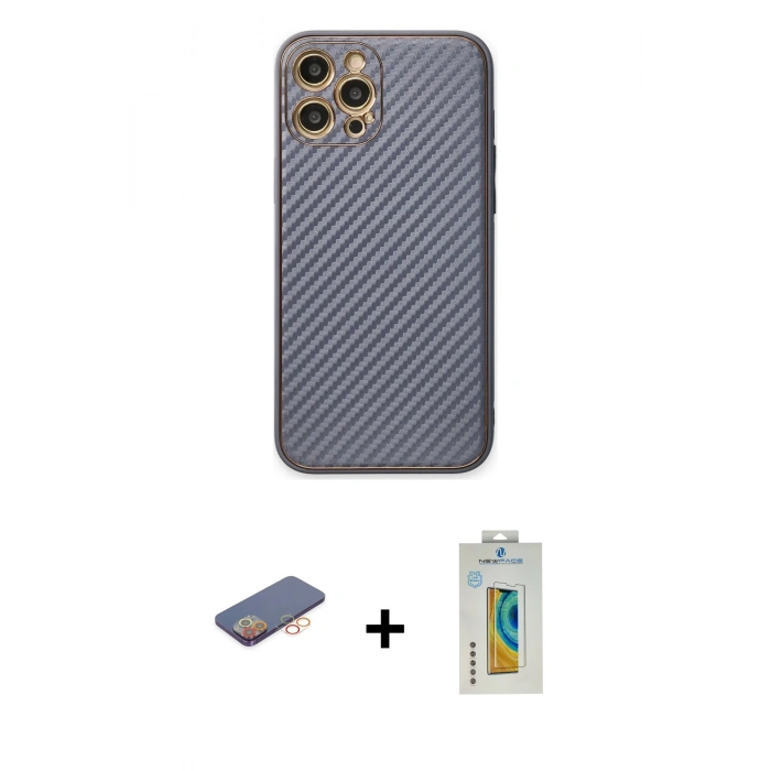 MARSİLYAN™- iPhone 12 Pro Kılıf Ahenk Işık - Siyah Polymer Nano Ekran Koruyucu + Renkli Kamera Lens Koruma Cam - TU