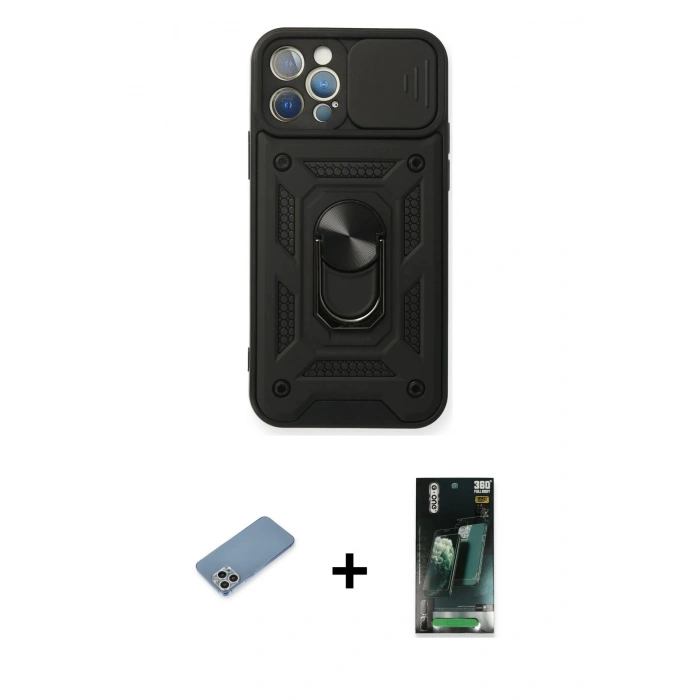MARSİLYAN™- iPhone 12 Pro Kılıf Ahenk Klasik - Şeffaf 360 Full Body Arka Koruyucu + Shine Kamera Lens Koruma Cam - GS
