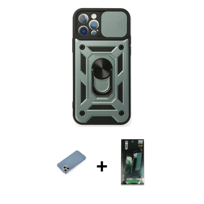 MARSİLYAN™- iPhone 12 Pro Kılıf Ahenk Klasik - Şeffaf 360 Full Body Arka Koruyucu + Shine Kamera Lens Koruma Cam - GS