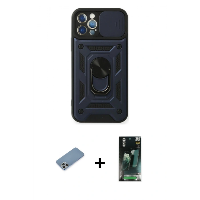 MARSİLYAN™- iPhone 12 Pro Kılıf Ahenk Klasik - Şeffaf 360 Full Body Arka Koruyucu + Shine Kamera Lens Koruma Cam - GS