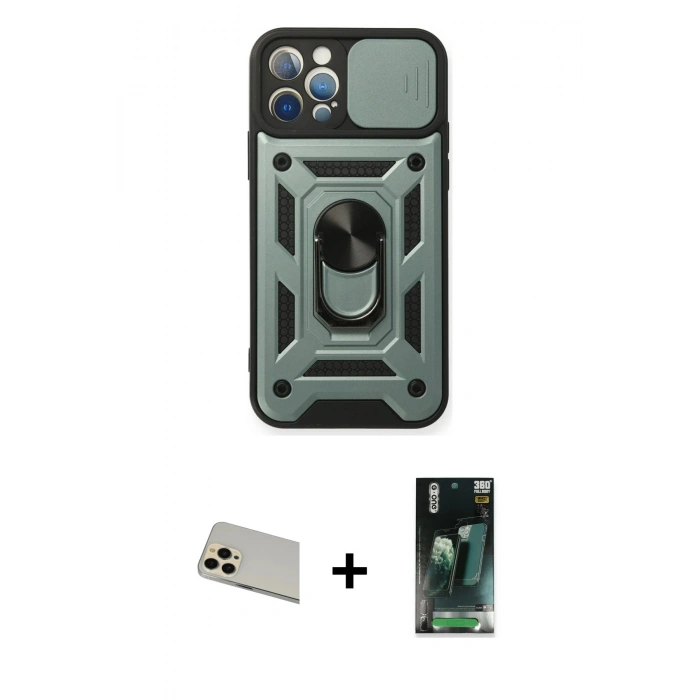 MARSİLYAN™- iPhone 12 Pro Kılıf Ahenk Klasik - Şeffaf 360 Full Body Arka Koruyucu + Rainbow Kamera Lens Koruma Cam - GD