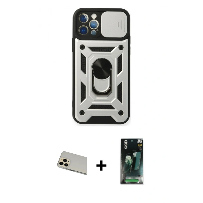 MARSİLYAN™- iPhone 12 Pro Kılıf Ahenk Klasik - Şeffaf 360 Full Body Arka Koruyucu + Rainbow Kamera Lens Koruma Cam - GD