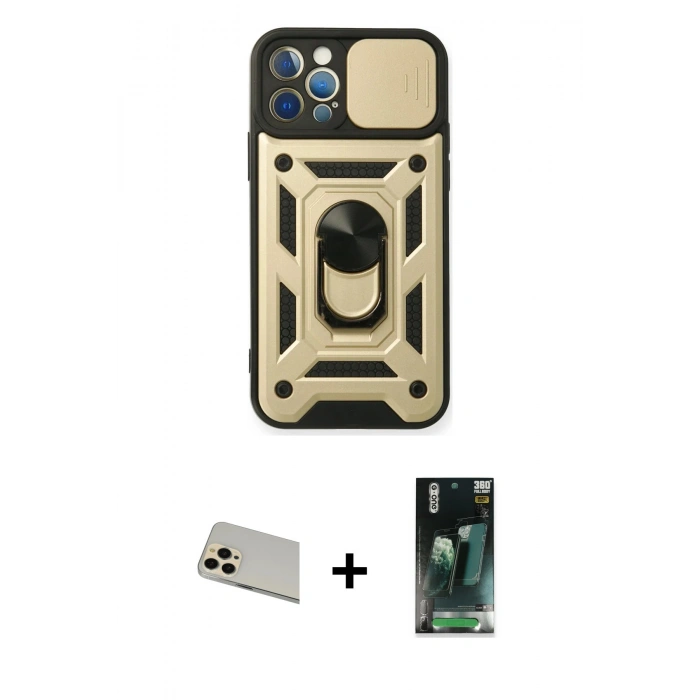 MARSİLYAN™- iPhone 12 Pro Kılıf Ahenk Klasik - Şeffaf 360 Full Body Arka Koruyucu + Rainbow Kamera Lens Koruma Cam - GD
