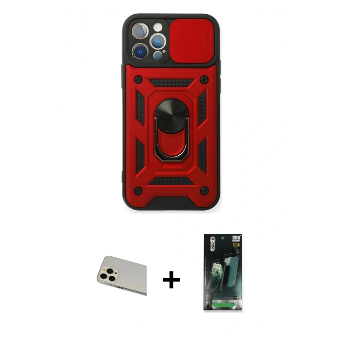 MARSİLYAN™- iPhone 12 Pro Kılıf Ahenk Klasik - Şeffaf 360 Full Body Arka Koruyucu + Rainbow Kamera Lens Koruma Cam - GD