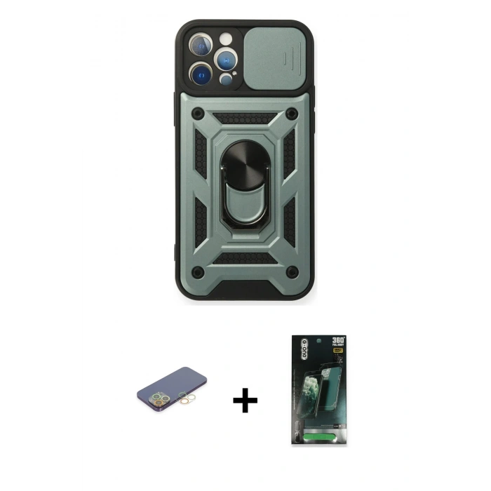 MARSİLYAN™- iPhone 12 Pro Kılıf Ahenk Klasik - Şeffaf 360 Full Body Arka Koruyucu + Renkli Kamera Lens Koruma Cam - SI