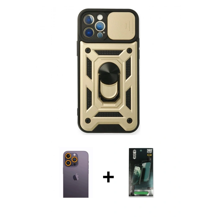 MARSİLYAN™- iPhone 12 Pro Kılıf Ahenk Klasik - Şeffaf 360 Full Body Arka Koruyucu + Neon Fosforlu Kamera Lens - SI