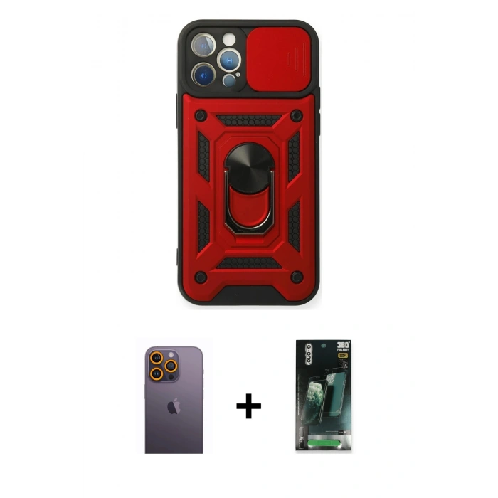 MARSİLYAN™- iPhone 12 Pro Kılıf Ahenk Klasik - Şeffaf 360 Full Body Arka Koruyucu + Neon Fosforlu Kamera Lens - SI