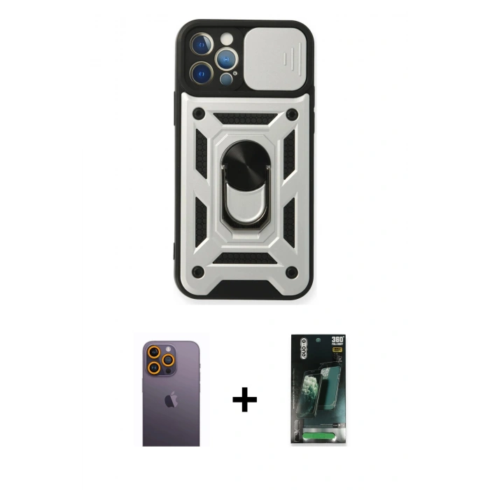 MARSİLYAN™- iPhone 12 Pro Kılıf Ahenk Klasik - Şeffaf 360 Full Body Arka Koruyucu + Neon Fosforlu Kamera Lens - SI