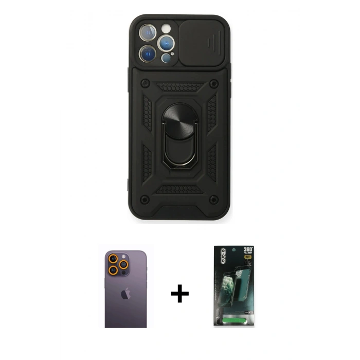 MARSİLYAN™- iPhone 12 Pro Kılıf Ahenk Klasik - Şeffaf 360 Full Body Arka Koruyucu + Neon Fosforlu Kamera Lens - SI