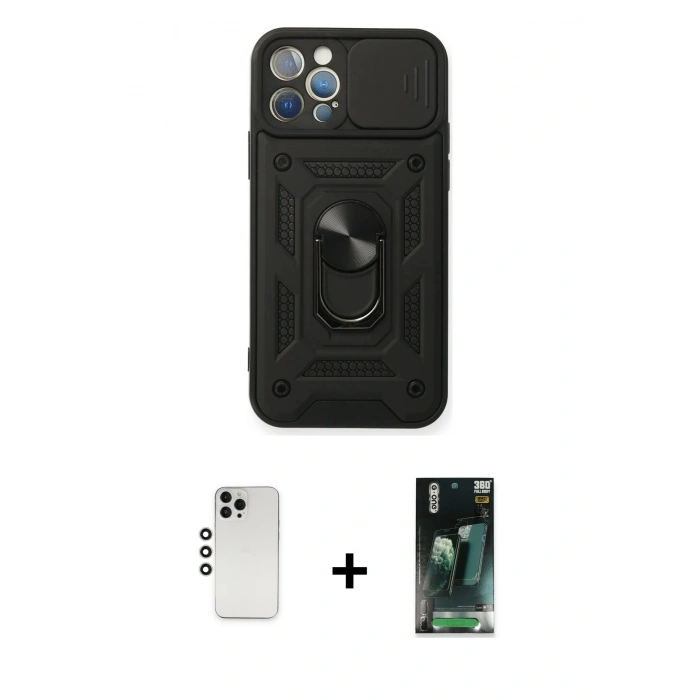 MARSİLYAN™- iPhone 12 Pro Kılıf Ahenk Klasik - Şeffaf 360 Full Body Arka Koruyucu + Shine Kamera Lens - GS