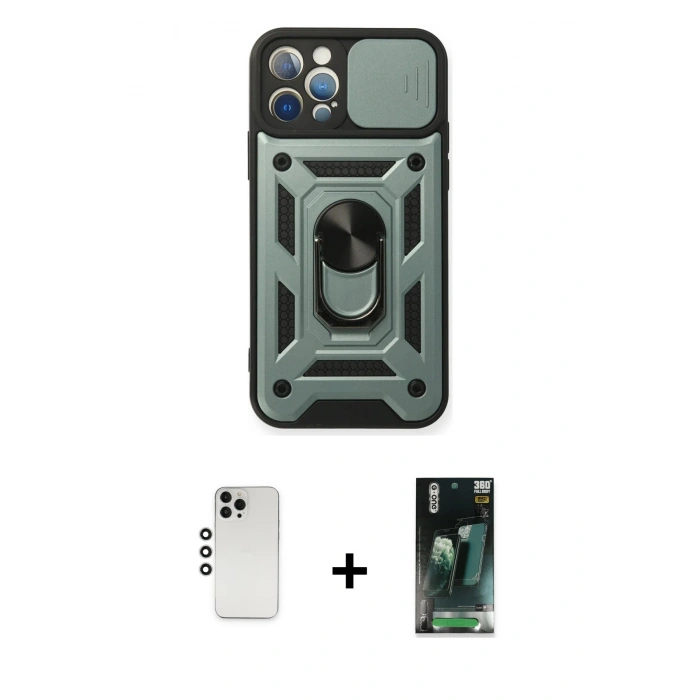 MARSİLYAN™- iPhone 12 Pro Kılıf Ahenk Klasik - Şeffaf 360 Full Body Arka Koruyucu + Shine Kamera Lens - GS