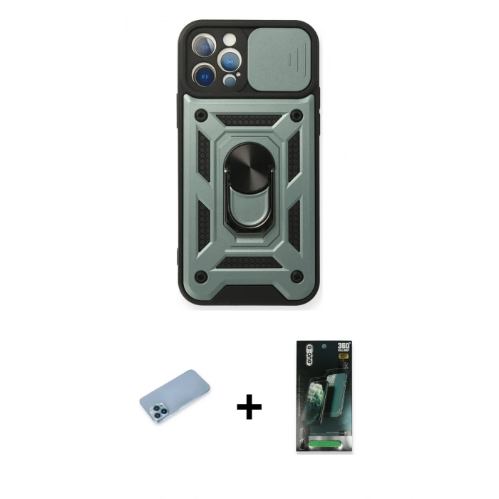 MARSİLYAN™- iPhone 12 Pro Kılıf Ahenk Klasik - Şeffaf 360 Full Body Arka Koruyucu + Shine Kamera Lens Koruma Cam - MI