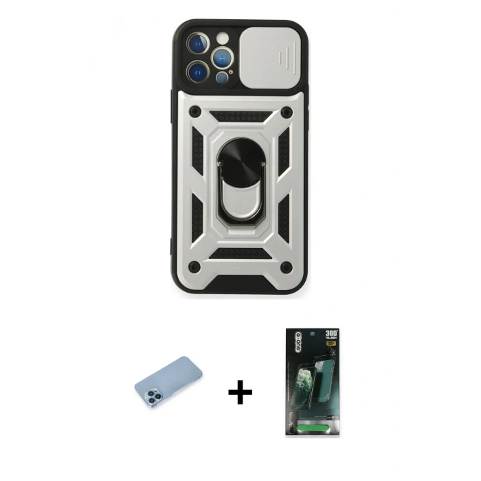 MARSİLYAN™- iPhone 12 Pro Kılıf Ahenk Klasik - Şeffaf 360 Full Body Arka Koruyucu + Shine Kamera Lens Koruma Cam - MI
