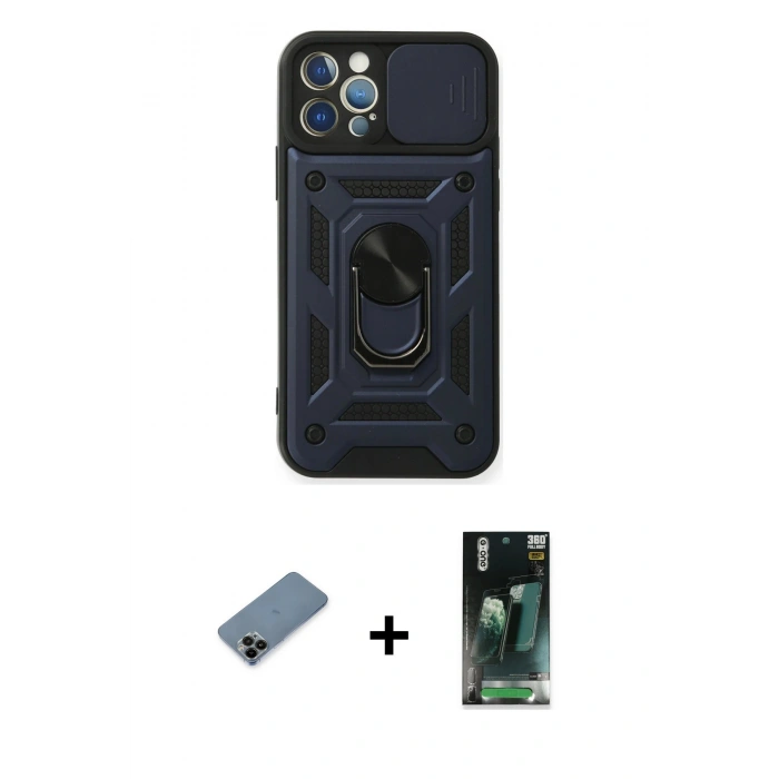MARSİLYAN™- iPhone 12 Pro Kılıf Ahenk Klasik - Şeffaf 360 Full Body Arka Koruyucu + Shine Kamera Lens Koruma Cam - SH