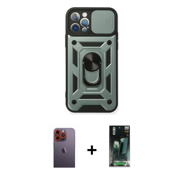 MARSİLYAN™- iPhone 12 Pro Kılıf Ahenk Klasik - Şeffaf 360 Full Body Arka Koruyucu + Neon Fosforlu Kamera Lens - TU