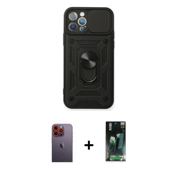MARSİLYAN™- iPhone 12 Pro Kılıf Ahenk Klasik - Şeffaf 360 Full Body Arka Koruyucu + Neon Fosforlu Kamera Lens - TU