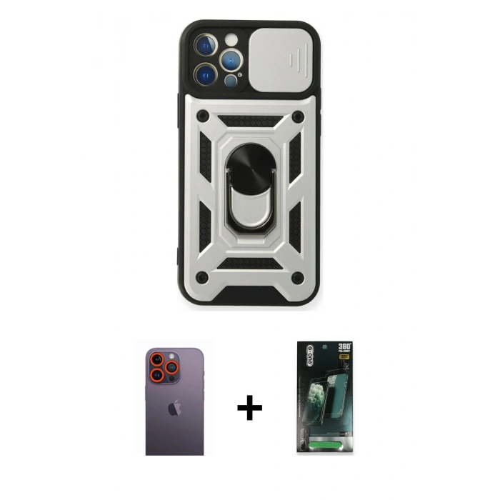 MARSİLYAN™- iPhone 12 Pro Kılıf Ahenk Klasik - Şeffaf 360 Full Body Arka Koruyucu + Neon Fosforlu Kamera Lens - TU