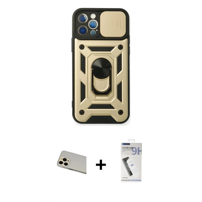 MARSİLYAN™- iPhone 12 Pro Kılıf Ahenk Klasik - Şeffaf Uv Polymer Nano Ekran Koruyucu + Rainbow Kamera Lens Koruma Cam - GD