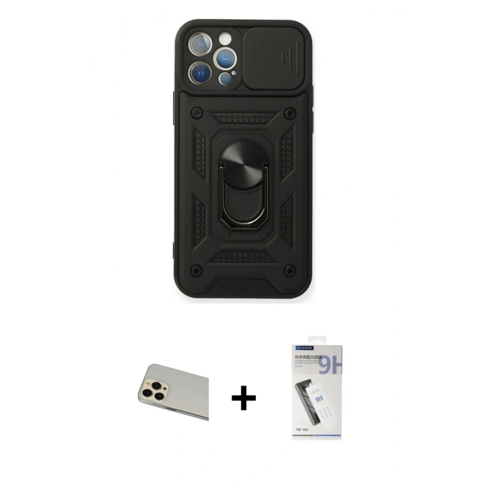 MARSİLYAN™- iPhone 12 Pro Kılıf Ahenk Klasik - Şeffaf Uv Polymer Nano Ekran Koruyucu + Rainbow Kamera Lens Koruma Cam - GD