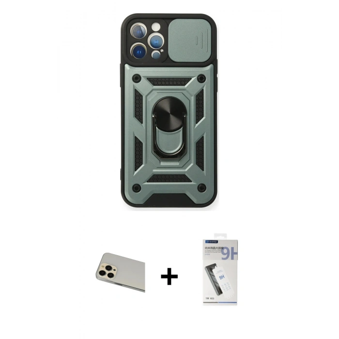 MARSİLYAN™- iPhone 12 Pro Kılıf Ahenk Klasik - Şeffaf Uv Polymer Nano Ekran Koruyucu + Rainbow Kamera Lens Koruma Cam - GD