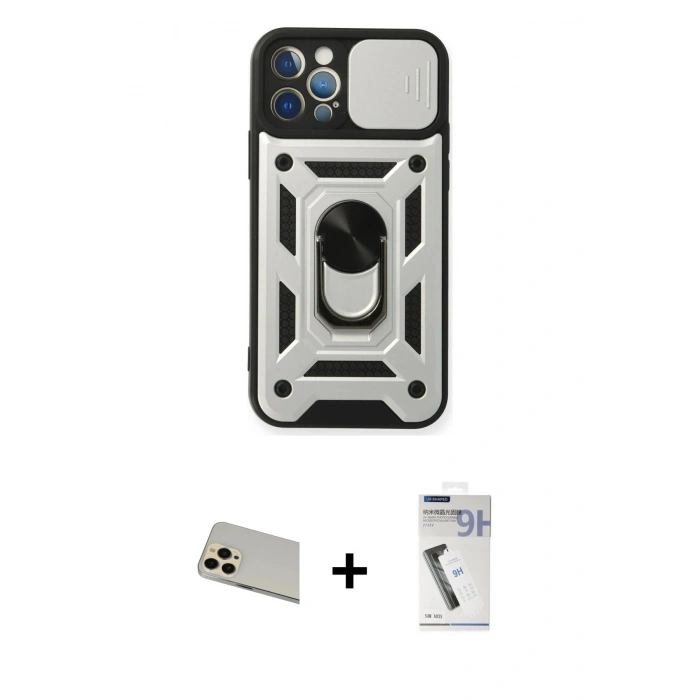 MARSİLYAN™- iPhone 12 Pro Kılıf Ahenk Klasik - Şeffaf Uv Polymer Nano Ekran Koruyucu + Rainbow Kamera Lens Koruma Cam - GD