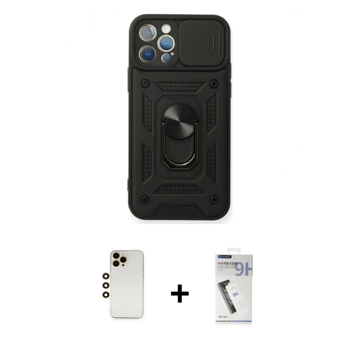 MARSİLYAN™- iPhone 12 Pro Kılıf Ahenk Klasik - Şeffaf Uv Polymer Nano Ekran Koruyucu + Gold Shine Kamera Lens