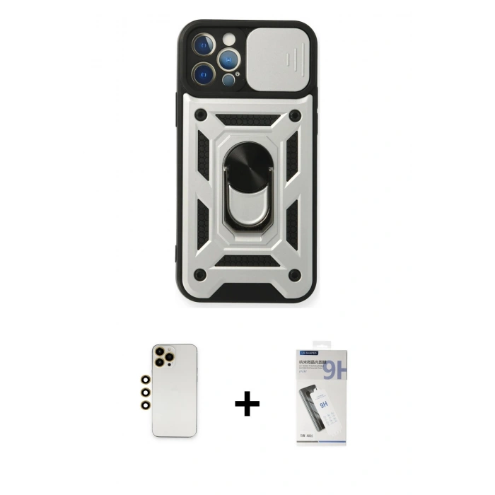 MARSİLYAN™- iPhone 12 Pro Kılıf Ahenk Klasik - Şeffaf Uv Polymer Nano Ekran Koruyucu + Gold Shine Kamera Lens