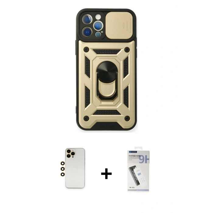 MARSİLYAN™- iPhone 12 Pro Kılıf Ahenk Klasik - Şeffaf Uv Polymer Nano Ekran Koruyucu + Gold Shine Kamera Lens