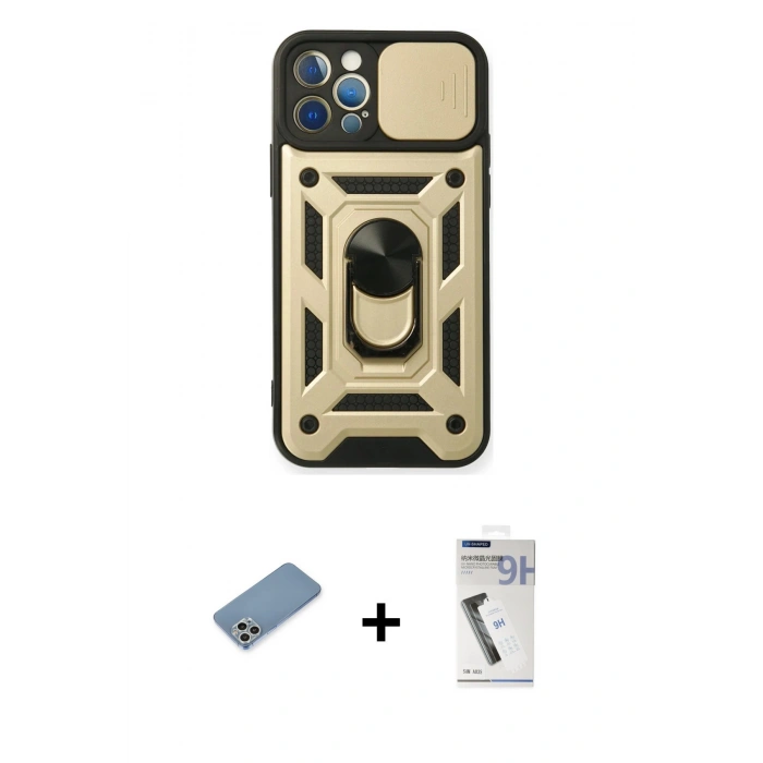 MARSİLYAN™- iPhone 12 Pro Kılıf Ahenk Klasik - Şeffaf Uv Polymer Nano Ekran Koruyucu + Gümüş Shine Kamera Lens Koruma Cam
