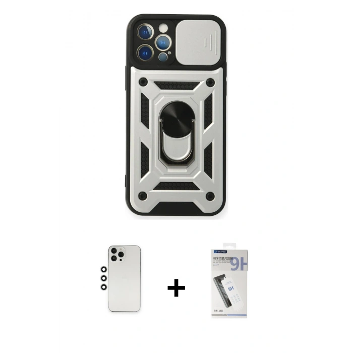 MARSİLYAN™- iPhone 12 Pro Kılıf Ahenk Klasik - Şeffaf Uv Polymer Nano Ekran Koruyucu + Gümüş Shine Kamera Lens