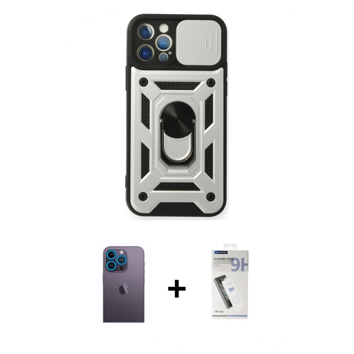 MARSİLYAN™- iPhone 12 Pro Kılıf Ahenk Klasik - Şeffaf Uv Polymer Nano Ekran Koruyucu + Neon Fosforlu Kamera Lens - MI