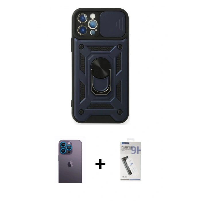 MARSİLYAN™- iPhone 12 Pro Kılıf Ahenk Klasik - Şeffaf Uv Polymer Nano Ekran Koruyucu + Neon Fosforlu Kamera Lens - MI