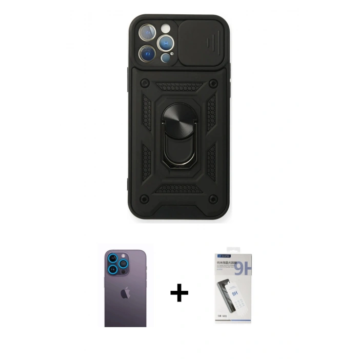 MARSİLYAN™- iPhone 12 Pro Kılıf Ahenk Klasik - Şeffaf Uv Polymer Nano Ekran Koruyucu + Neon Fosforlu Kamera Lens - MI