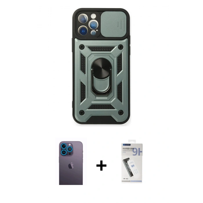 MARSİLYAN™- iPhone 12 Pro Kılıf Ahenk Klasik - Şeffaf Uv Polymer Nano Ekran Koruyucu + Neon Fosforlu Kamera Lens - MI