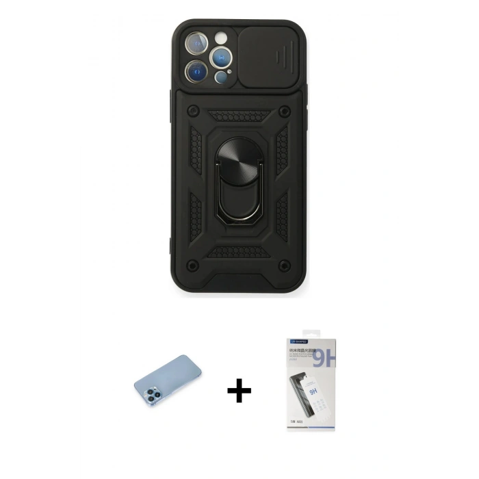 MARSİLYAN™- iPhone 12 Pro Kılıf Ahenk Klasik - Şeffaf Uv Polymer Nano Ekran Koruyucu + Shine Kamera Lens Koruma Cam - MI