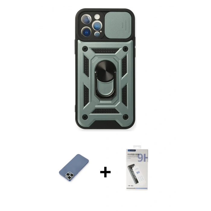 MARSİLYAN™- iPhone 12 Pro Kılıf Ahenk Klasik - Şeffaf Uv Polymer Nano Ekran Koruyucu + Metal Kamera Lens Koruma Cam - AKYL