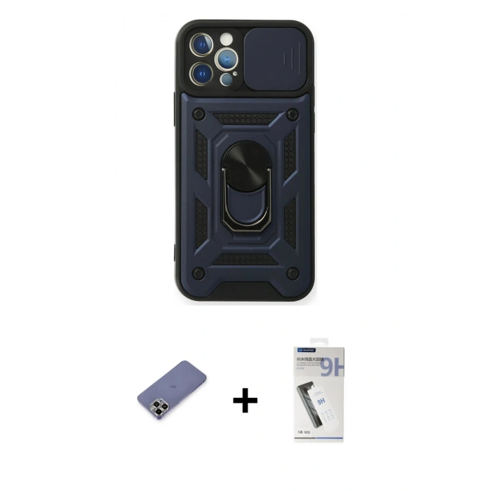 MARSİLYAN™- iPhone 12 Pro Kılıf Ahenk Klasik - Şeffaf Uv Polymer Nano Ekran Koruyucu + Metal Kamera Lens Koruma Cam - GD