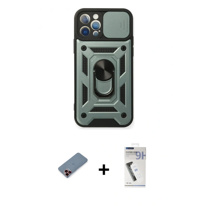 MARSİLYAN™- iPhone 12 Pro Kılıf Ahenk Klasik - Şeffaf Uv Polymer Nano Ekran Koruyucu + Metal Kamera Lens Koruma Cam - KI