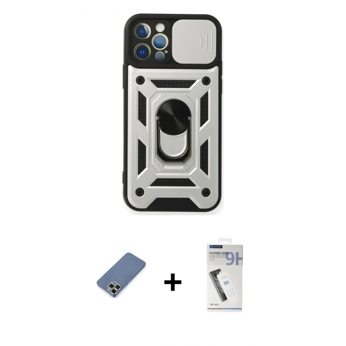MARSİLYAN™- iPhone 12 Pro Kılıf Ahenk Klasik - Şeffaf Uv Polymer Nano Ekran Koruyucu + Metal Kamera Lens Koruma Cam - AKYL