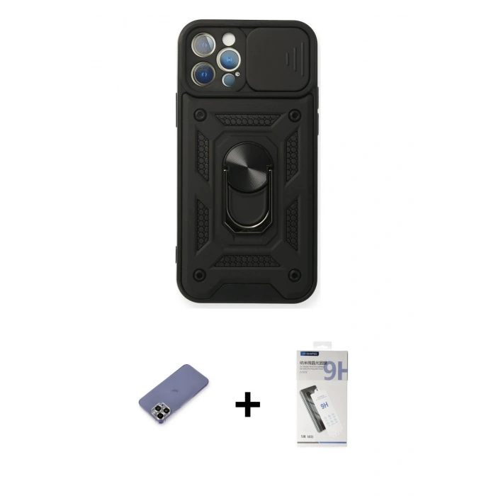 MARSİLYAN™- iPhone 12 Pro Kılıf Ahenk Klasik - Şeffaf Uv Polymer Nano Ekran Koruyucu + Metal Kamera Lens Koruma Cam - GD