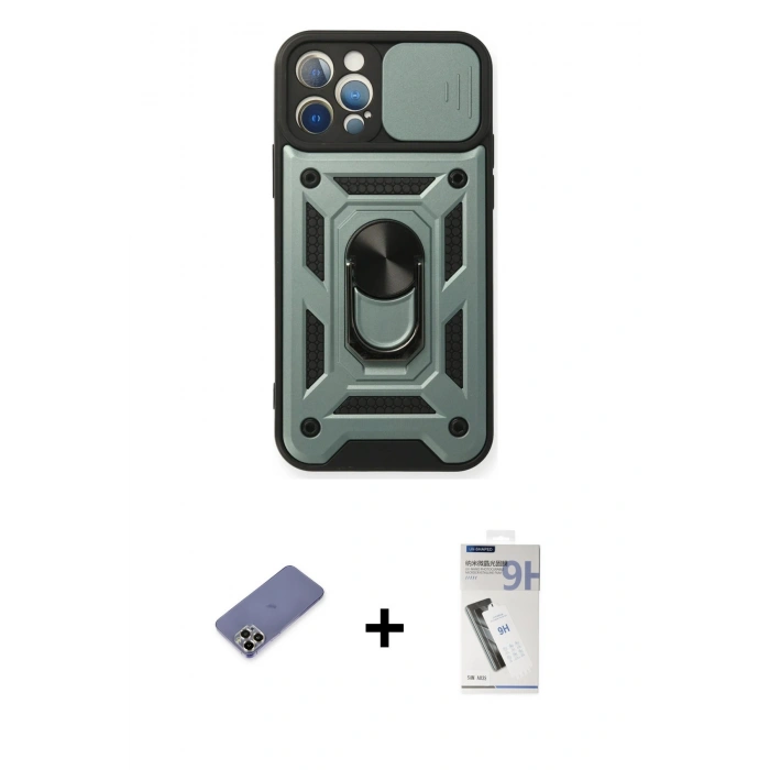 MARSİLYAN™- iPhone 12 Pro Kılıf Ahenk Klasik - Şeffaf Uv Polymer Nano Ekran Koruyucu + Metal Kamera Lens Koruma Cam - GD