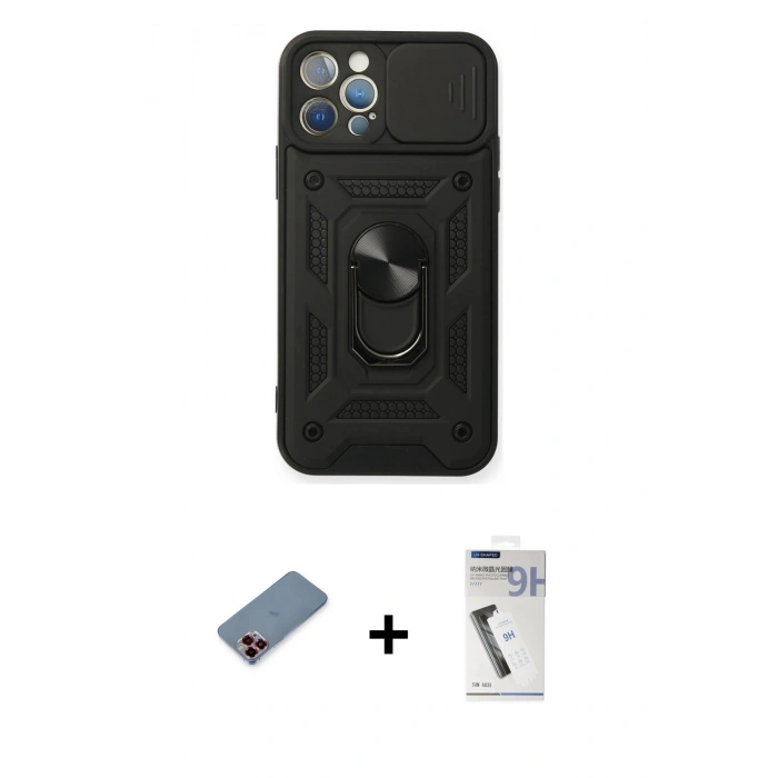 MARSİLYAN™- iPhone 12 Pro Kılıf Ahenk Klasik - Şeffaf Uv Polymer Nano Ekran Koruyucu + Metal Kamera Lens Koruma Cam - KI
